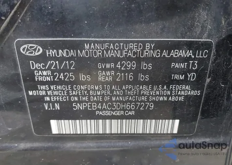 2013 Hyundai Sonata Gls from USA, damaged, VIN 5NPEB4AC3DH667279
